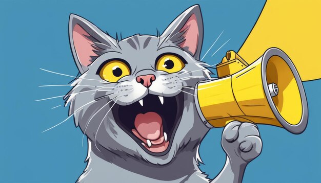 Foto um gato de desenho animado segurando um megafone