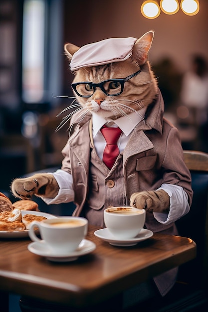 um gato de fato de negócios bebe café em uma cafeteria