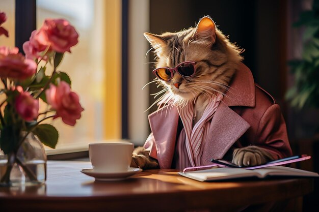 um gato de fato de negócios bebe café em uma cafeteria