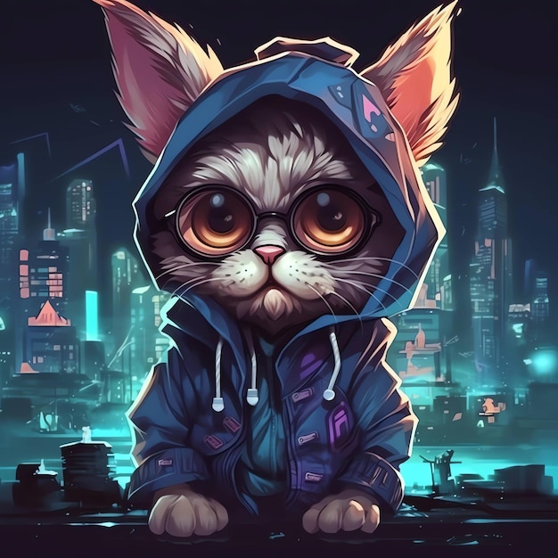 Um gato de moletom com uma cidade ao fundo.