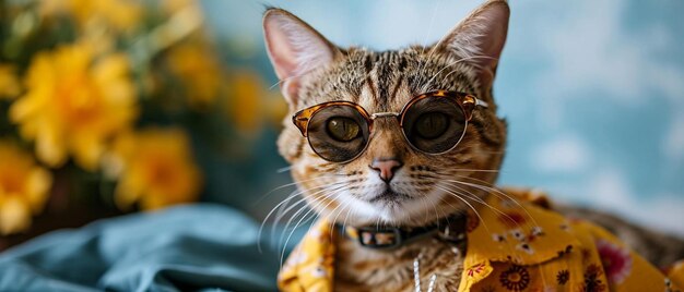 Foto um gato de óculos e camisa amarela