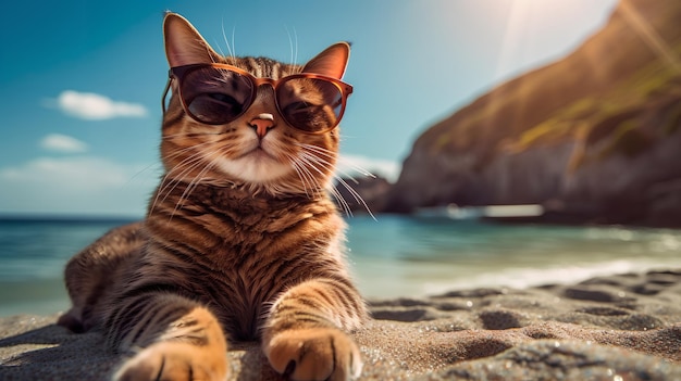 Um gato de óculos escuros encontra-se na praia.