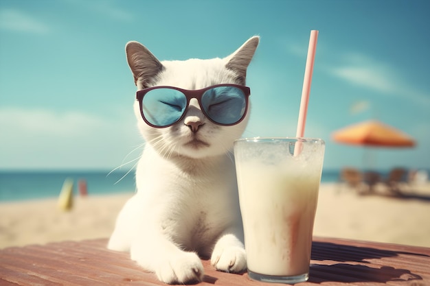 Um gato de óculos escuros está sentado em uma mesa com um copo de leite e um canudo.