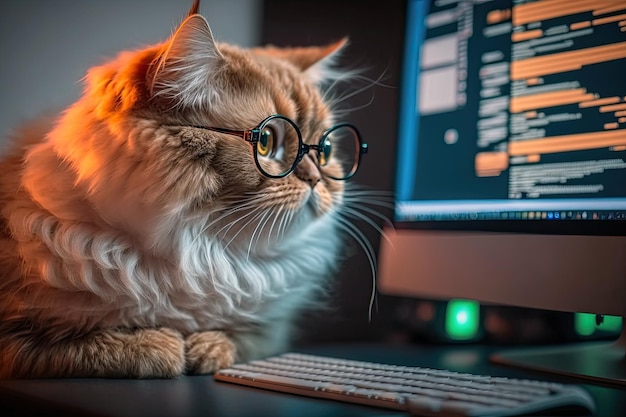 Um gato de óculos senta-se ao lado do monitor e ajuda o programador Generative AI