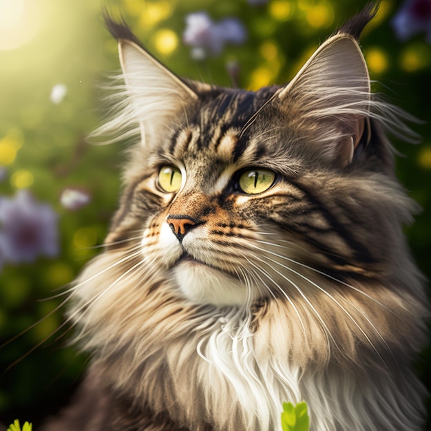 Um gato de olhos amarelos está em um campo de flores.