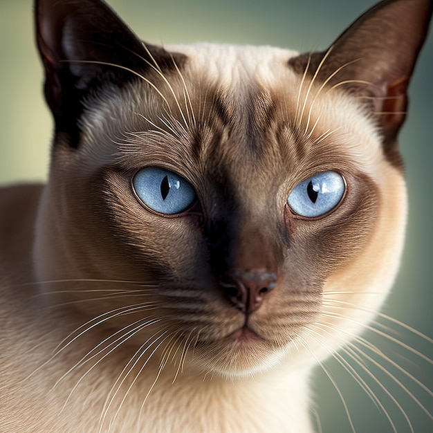 Um gato de olhos azuis é mostrado com um fundo verde claro.