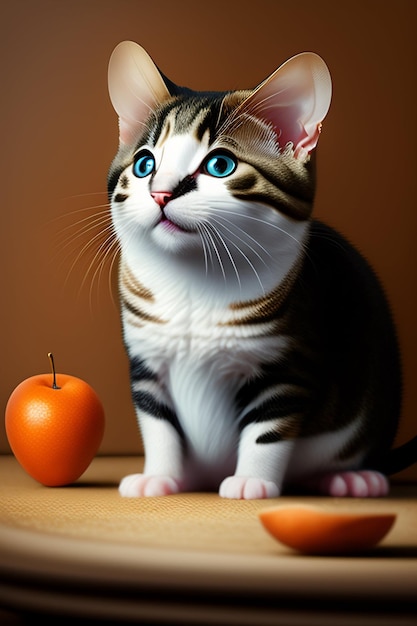 Um gato de olhos azuis e uma fruta ao lado