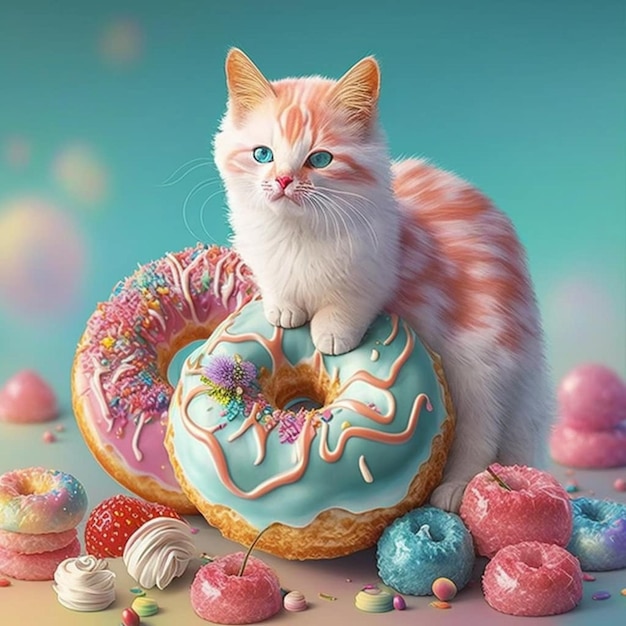 Um gato de olhos azuis está de pé sobre uma rosquinha.