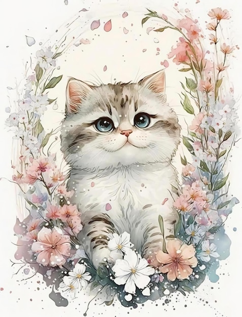 Um gato de olhos azuis está entre as flores.