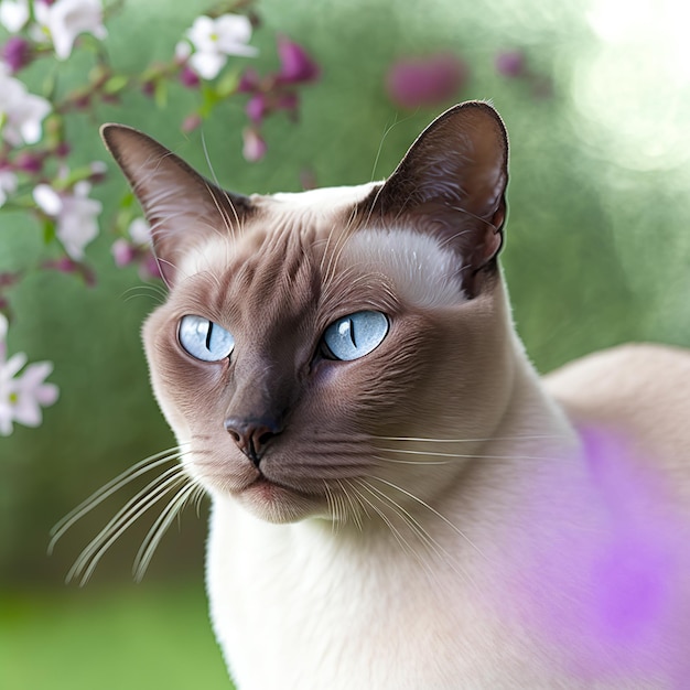 Um gato de olhos azuis está parado em frente a uma árvore com flores roxas.