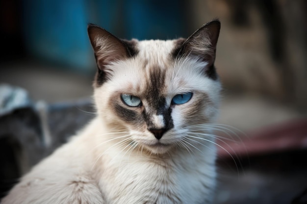 Um gato de olhos azuis está sentado em uma cadeira.