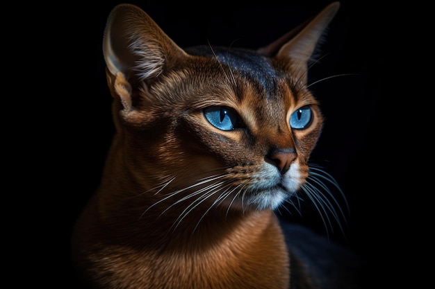 Um gato de olhos azuis está sentado sobre um fundo preto.