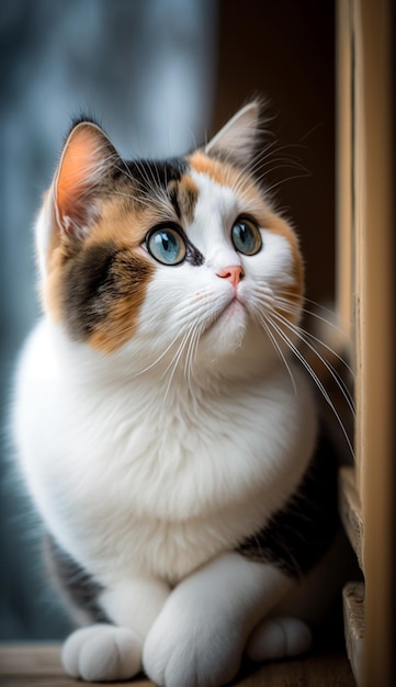 Um gato de olhos azuis olhando para a câmera