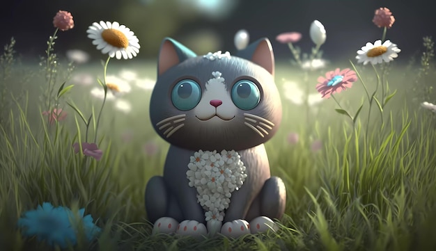 Um gato de olhos azuis senta-se em um campo de flores.