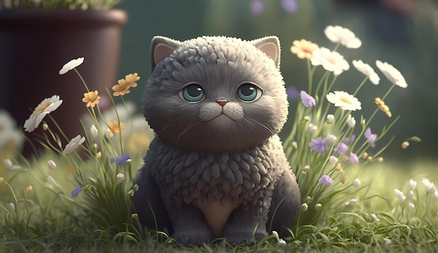 Um gato de olhos azuis senta-se em um campo de flores.
