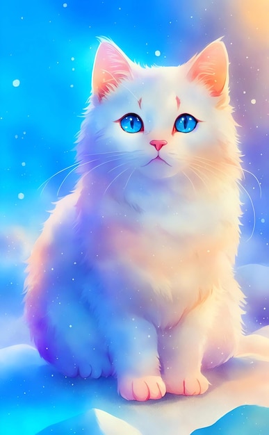 Um gato de olhos azuis senta-se na neve.