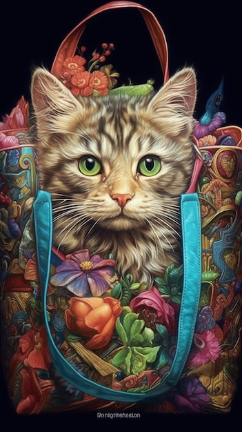 Um gato de olhos verdes está sentado em uma bolsa.
