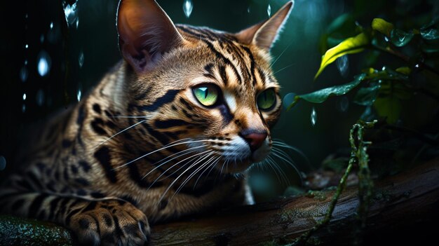 Um gato de olhos verdes senta-se em um galho no escuro.