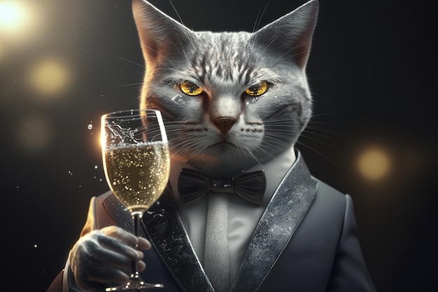 Um gato de smoking segura uma taça de champanhe