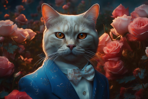 Um gato de terno e gravata com fundo de flores generativo ai