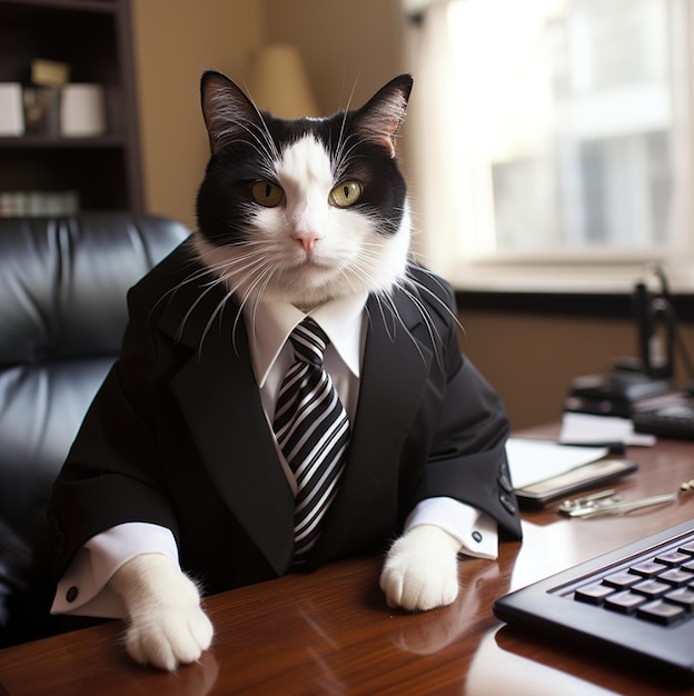 Foto um gato de terno e gravata está sentado em frente a um teclado.