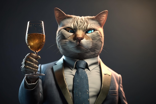 Um gato de terno segura uma taça de vinho