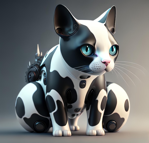 Um gato de vaca preto e branco no estilo mecha