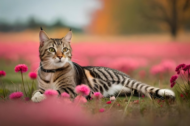 Um gato deitado em um campo de flores
