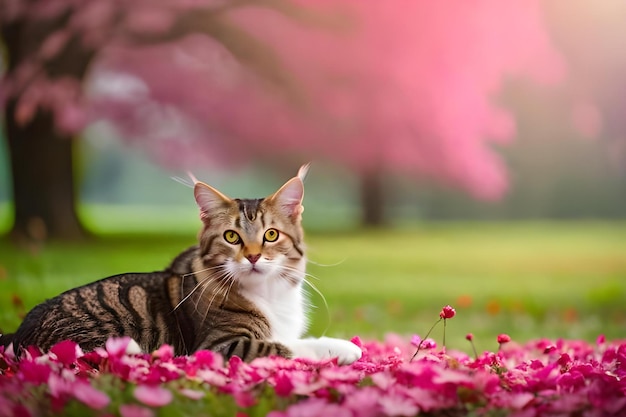 Um gato deitado em um canteiro de flores com flores cor de rosa ao fundo