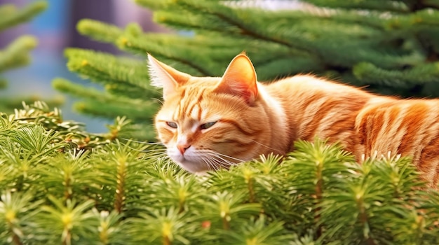 Um gato deitado em um pinheiro