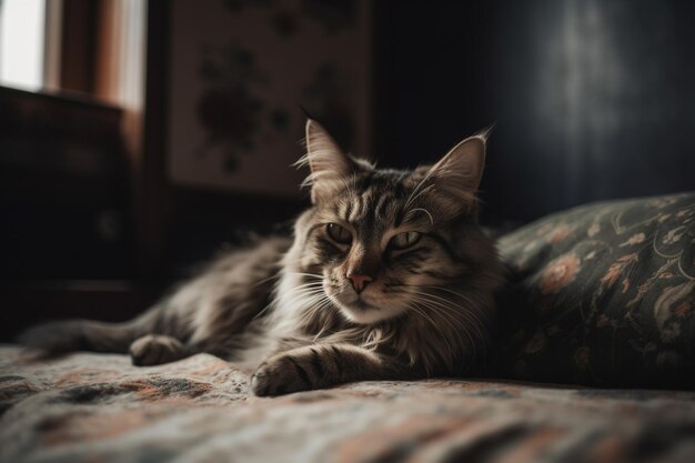 Um gato deitado em uma cama com fundo escuro e a palavra gato na frente.