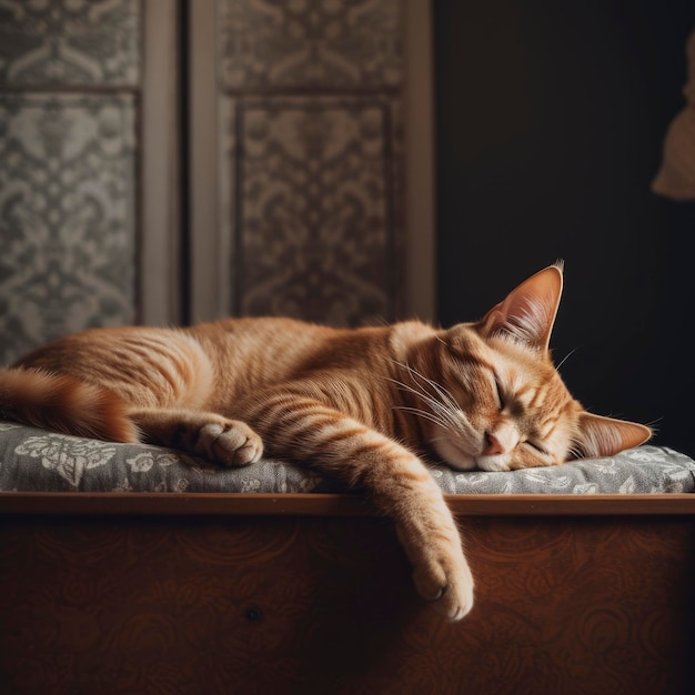 Um gato deitado em uma cama tirando uma soneca no estilo de recombinações lúdicas toyen