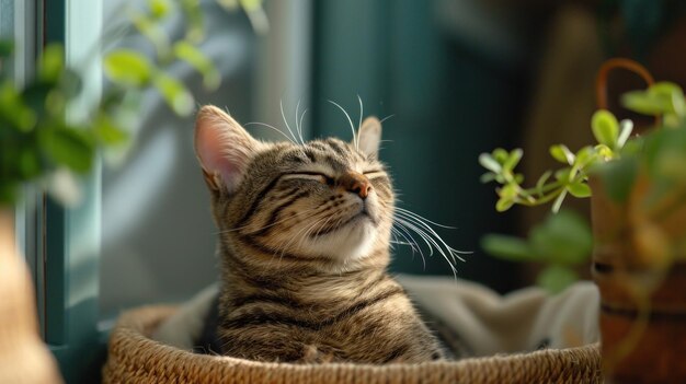 Um gato deitado em uma cesta com os olhos fechados ai