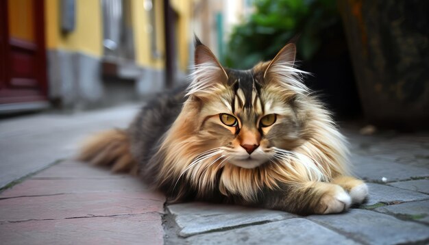 Um gato deitado na calçada de uma rua