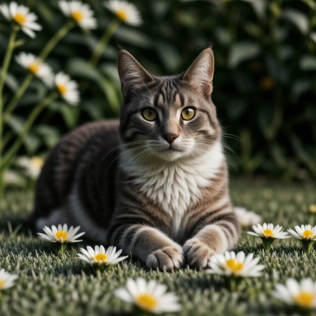 um gato deitado na grama com margaridas no fundo