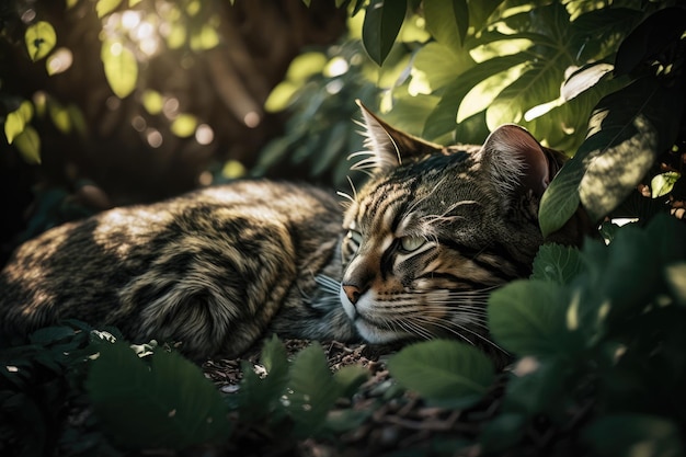Um gato deitado nas folhas de um arbusto
