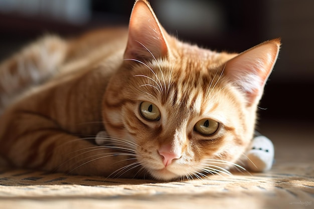 Um gato deitado no chão olhando para a câmera