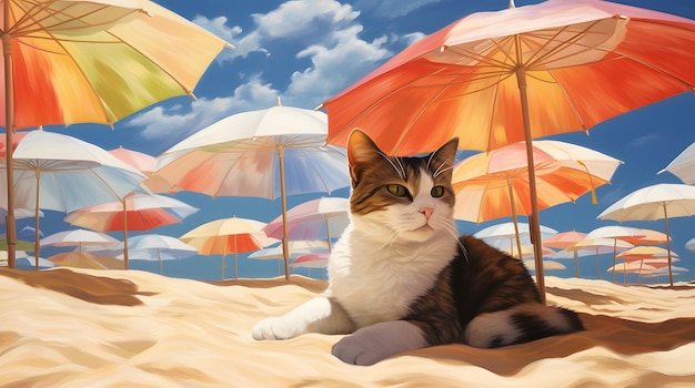 um gato descansando em um pedaço de areia ensolarado cercado por guarda-chuvas de praia