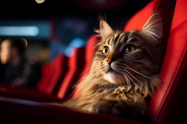 Um gato desfrutando de um filme no cinema AI