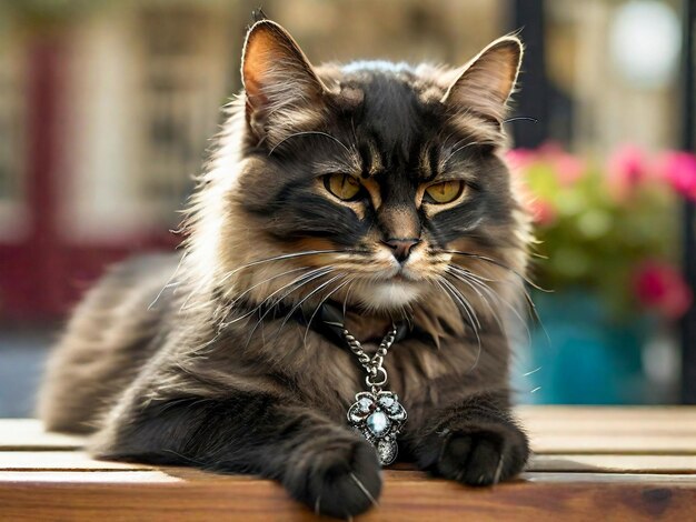 Um gato doméstico adorável sentado na rua durante a viagem de verão