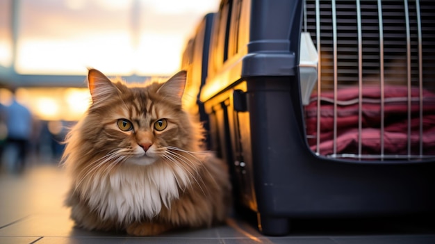 Um gato doméstico bonito senta-se num saco de transporte no aeroporto
