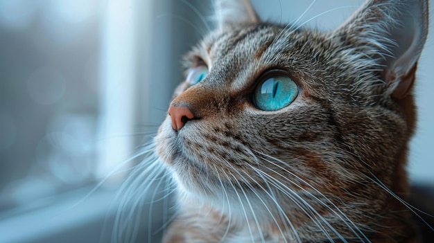 Um gato doméstico com olhos verdes e um fundo branco em close-up