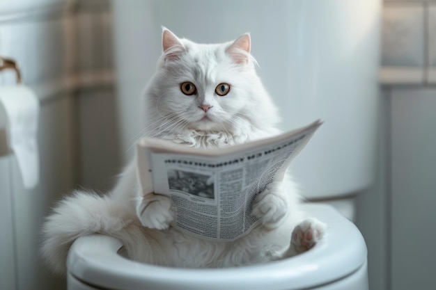 Um gato doméstico está sentado no banheiro e lendo um jornal