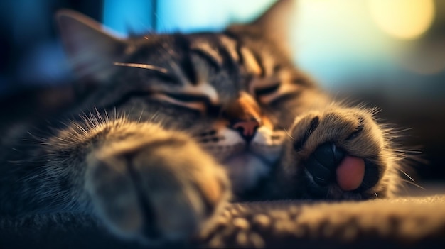 Um gato dorme em um cobertor com a pata no chão.