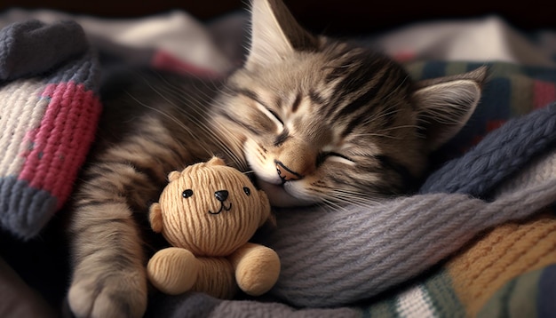 Um gato dormindo com um ursinho de pelúcia