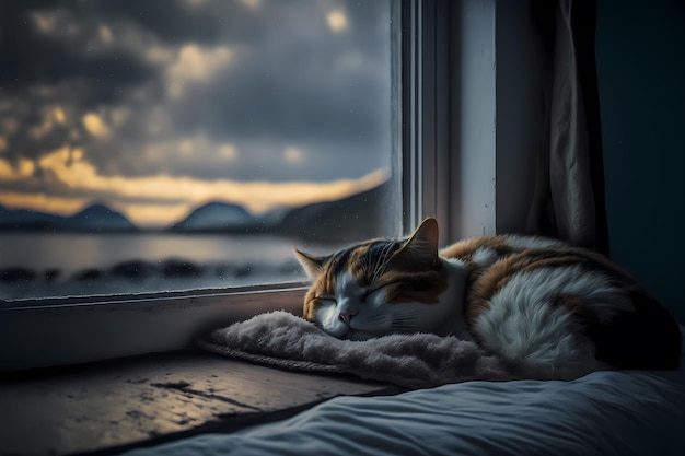 Um gato dormindo em um cobertor ao lado de uma janela com o sol se pondo atrás dela.