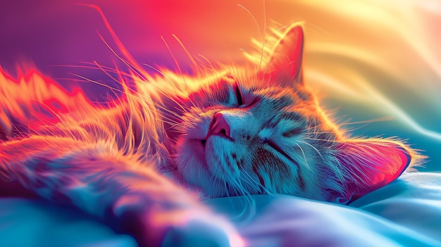 Foto um gato dormindo em uma cama com um fundo colorido