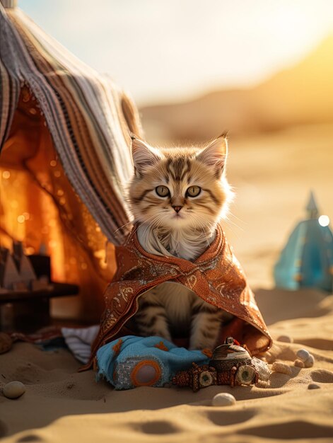 um gato é enrolado em um cobertor na praia