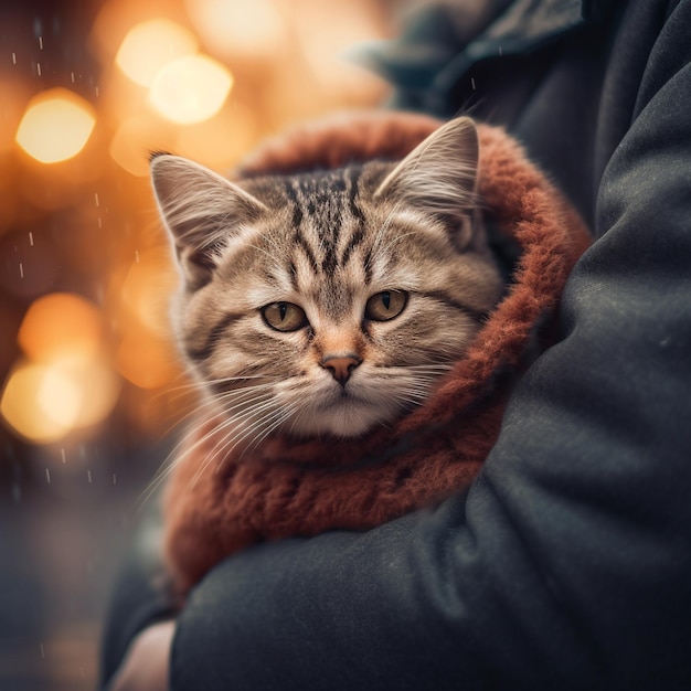 um gato é enrolado em um lenço que tem um colarinho de pele castanha.