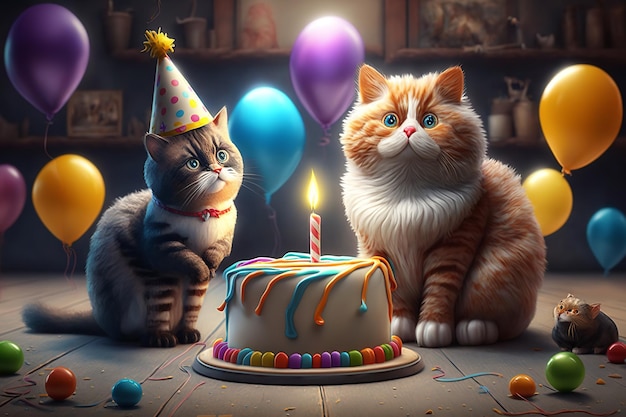 Um gato e um bolo de aniversário estão sobre uma mesa.